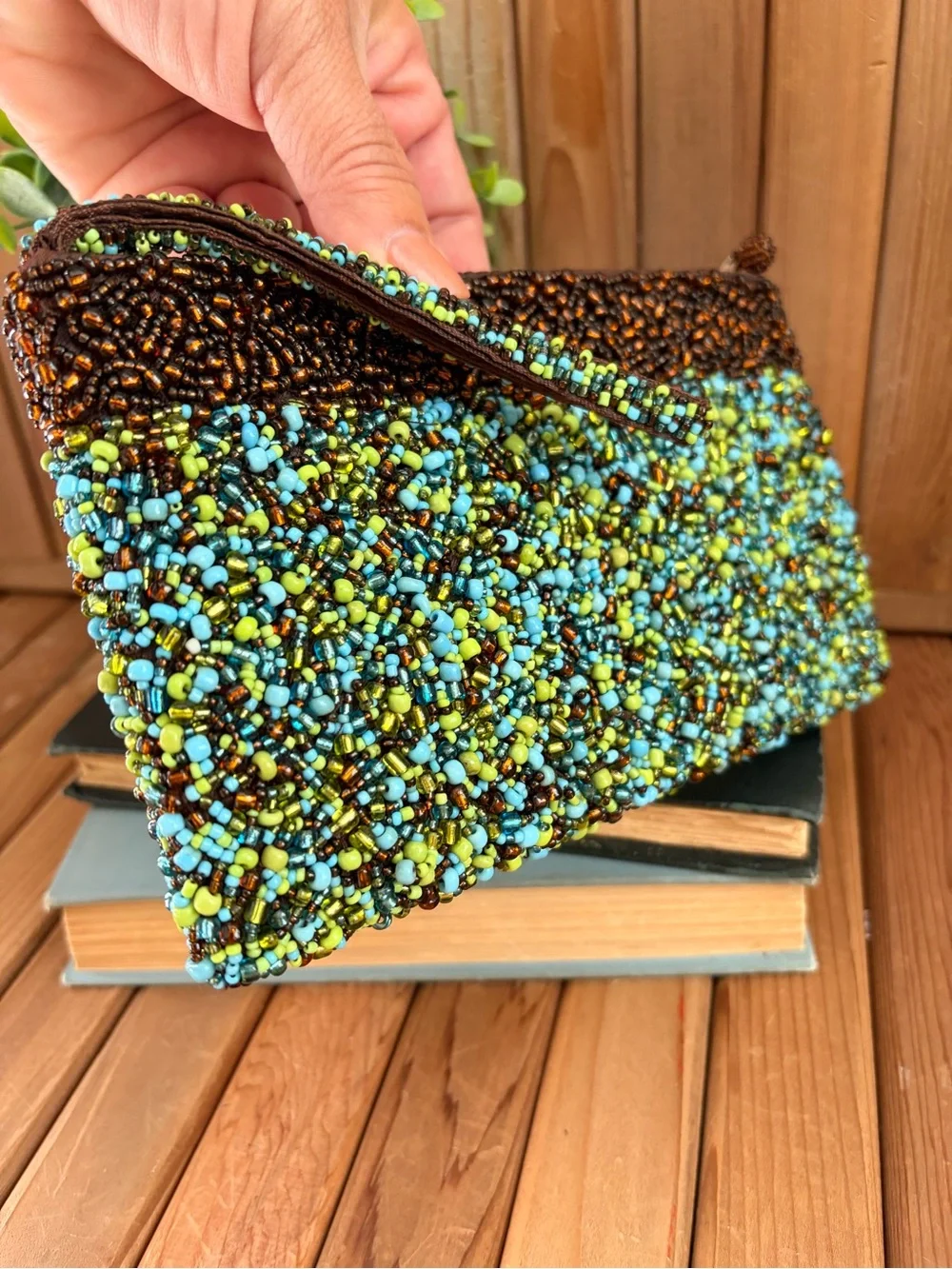 Hand Beaded Boho Clutch Wristlet in Brown Turquoise & Lime Green Seed Beads Y2K